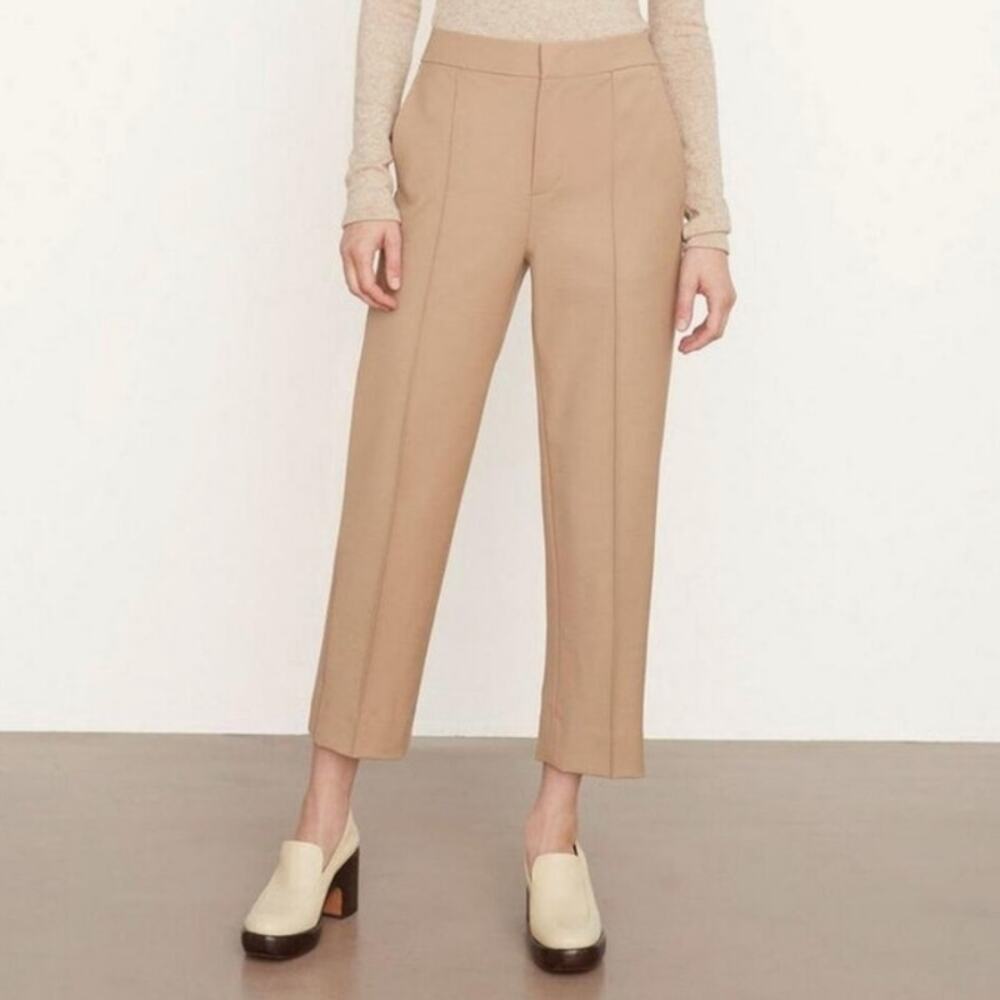 Vince tapered stovepipe pants tan pleated trousers